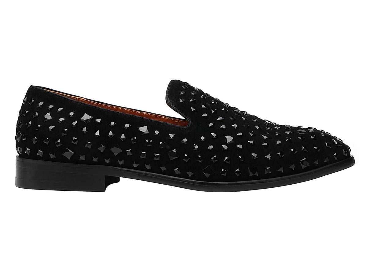ELANROMAN Loafers Men Black Dress Fashion Tuxedo Rhinestones Slip-on Moccasins Wedding Shoes US 10