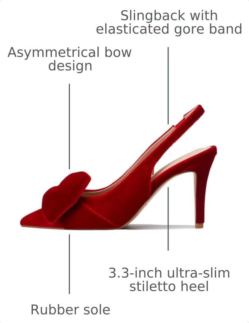 Manoloshow Velvet Elasticated Strap Bowknot Pumps with Slingback Autumn Office Comfy Pointy Toe Shoes for Women High 3.3 Inch Heels Red Size 7