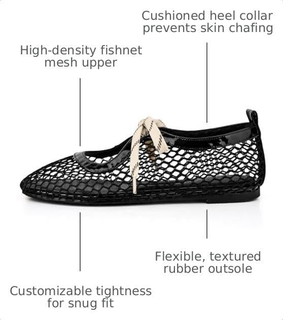 CHARMUST Lace Up Ballet Flats for Women Mary Jane Shoes,Black Mesh,5.5