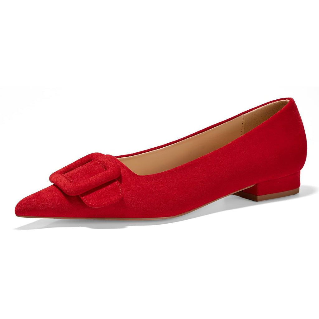 GotSoft Women's Lambskin Insole Square Buckle Flats Slip on Flat Shoes Red