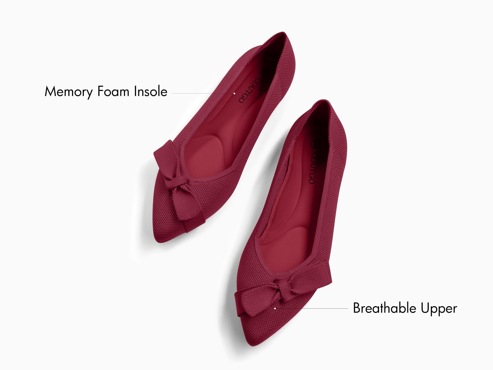 Coutgo Women's Pointed Toe Flats Comfortable Dressy Knit Bow Ballet Flats Slip On Work Casual Shoes, Burgundy, Size 8.5