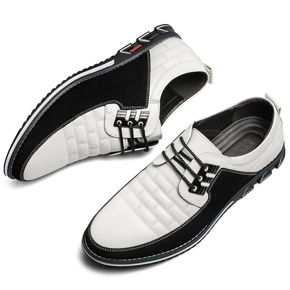 Men's Premium Leather Dress Shoes Comfort Business Casual Oxford Shoes Fashion Dress Sneakers Soft Loafers Derby Shoe for Office Working Driving Walking White, 9.5 US