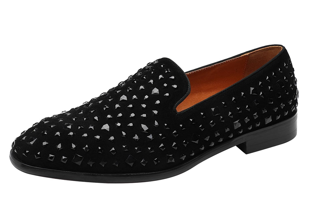 ELANROMAN Loafers Men Black Dress Fashion Tuxedo Rhinestones Slip-on Moccasins Wedding Shoes US 10