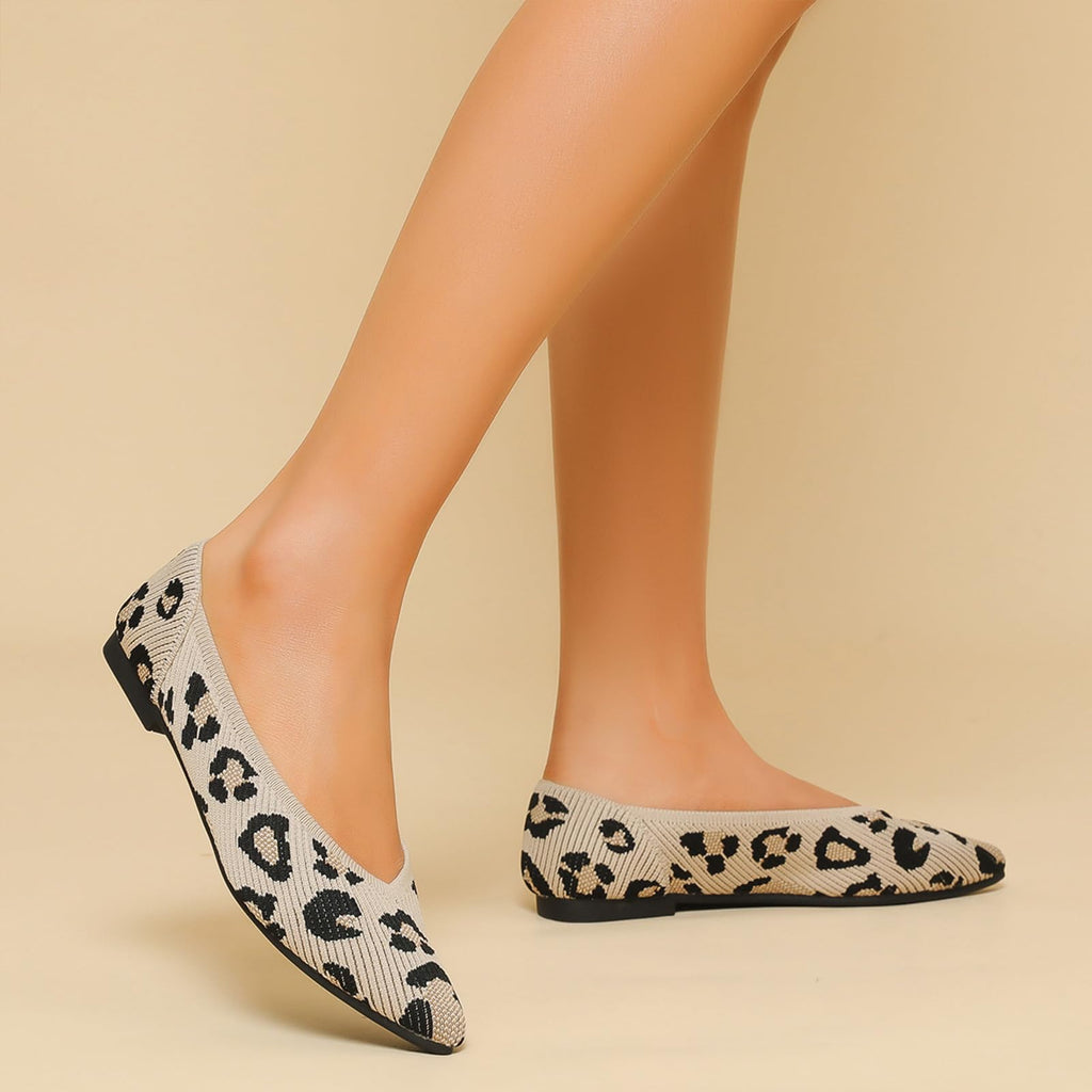 TINGRISE Women's Flats Shoes Pointed Toe Knit Ballet Comfortable Dressy Slip On Flat Leopard US7