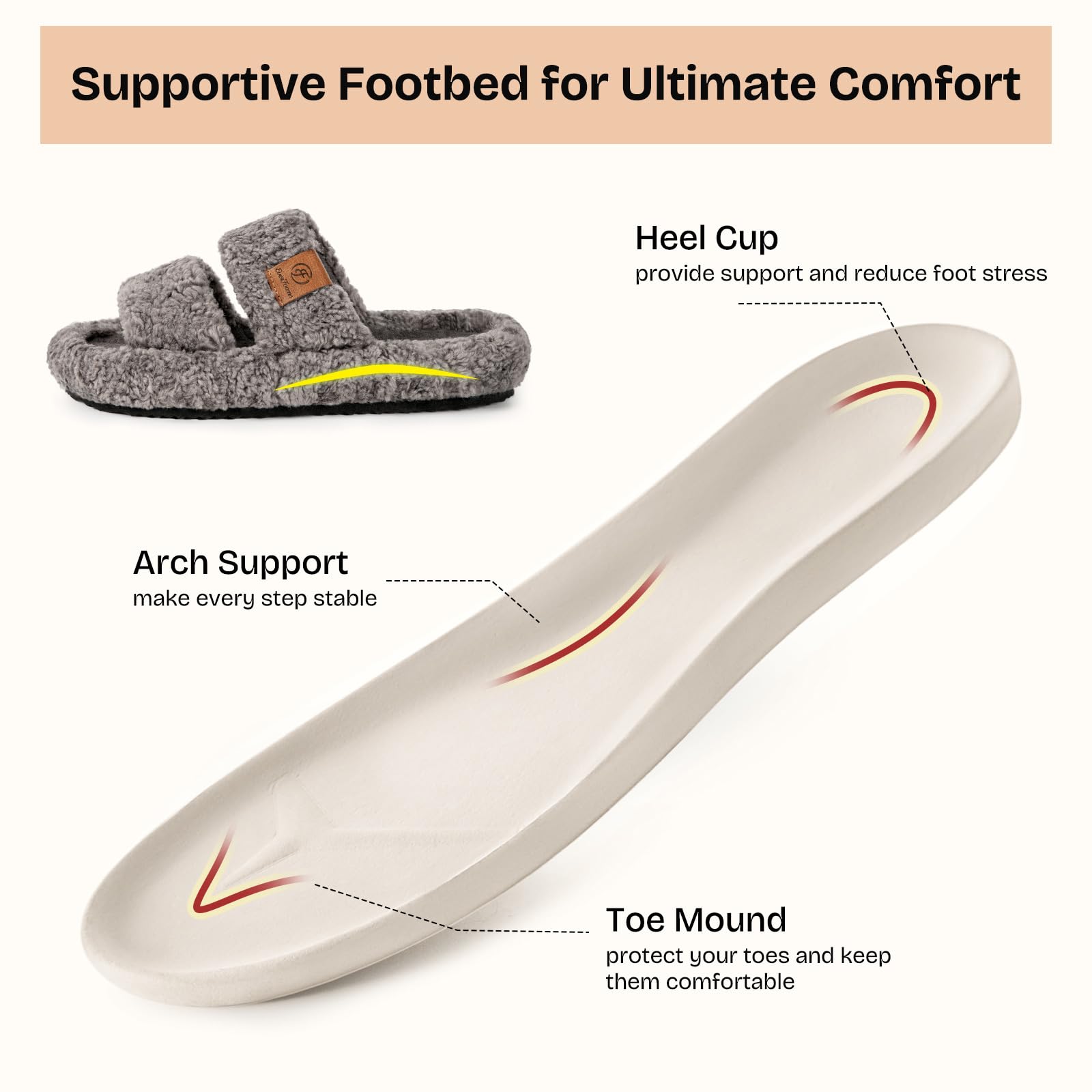 EverFoams Womens Fuzzy Open-toe Slippers Indoor Cool Gray,7-8 US