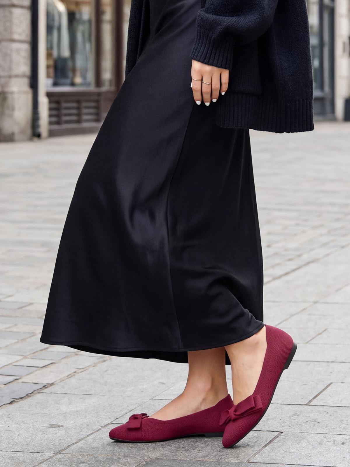 Coutgo Women's Pointed Toe Flats Comfortable Dressy Knit Bow Ballet Flats Slip On Work Casual Shoes, Burgundy, Size 8.5