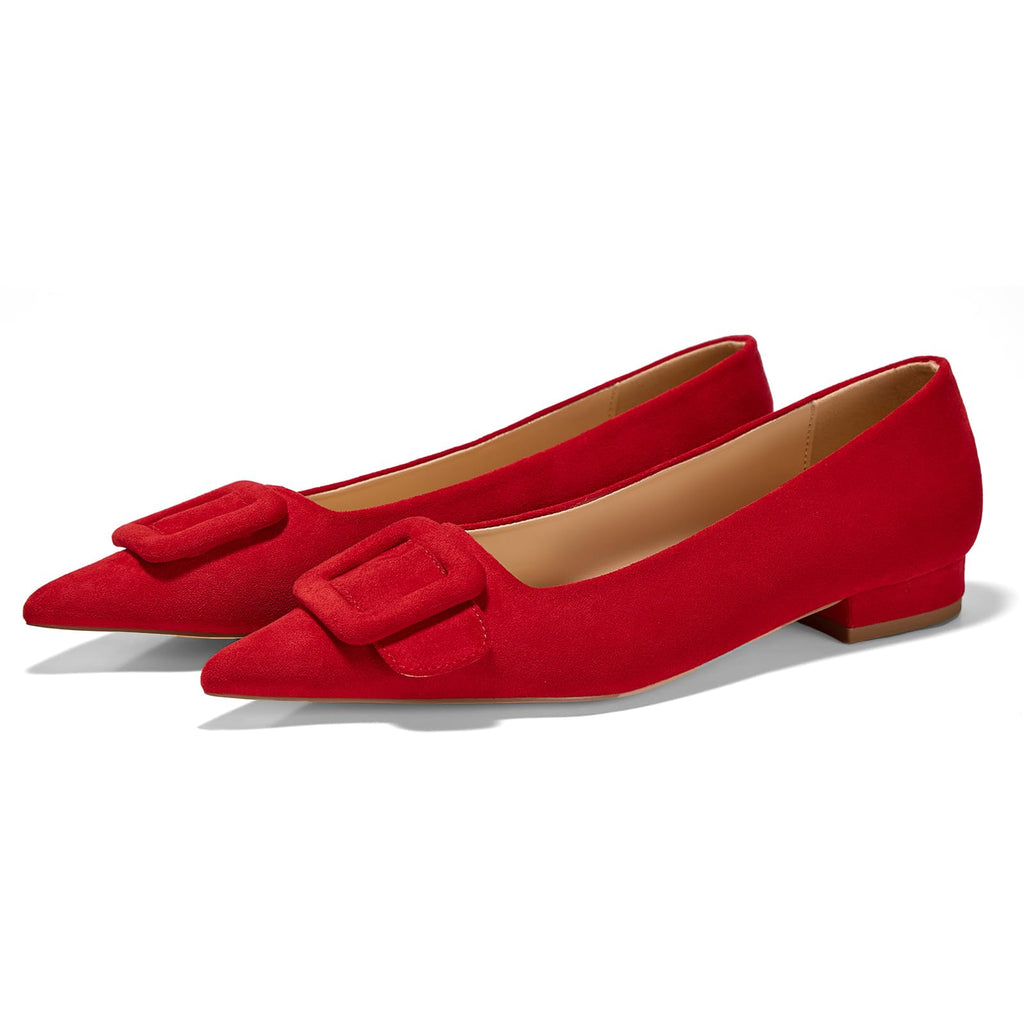 GotSoft Women's Lambskin Insole Square Buckle Flats Slip on Flat Shoes Red