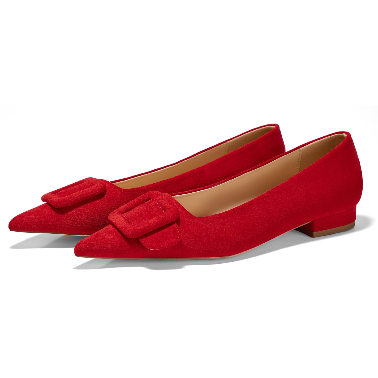 GotSoft Women's Lambskin Insole Square Buckle Flats Slip on Flat Shoes Red
