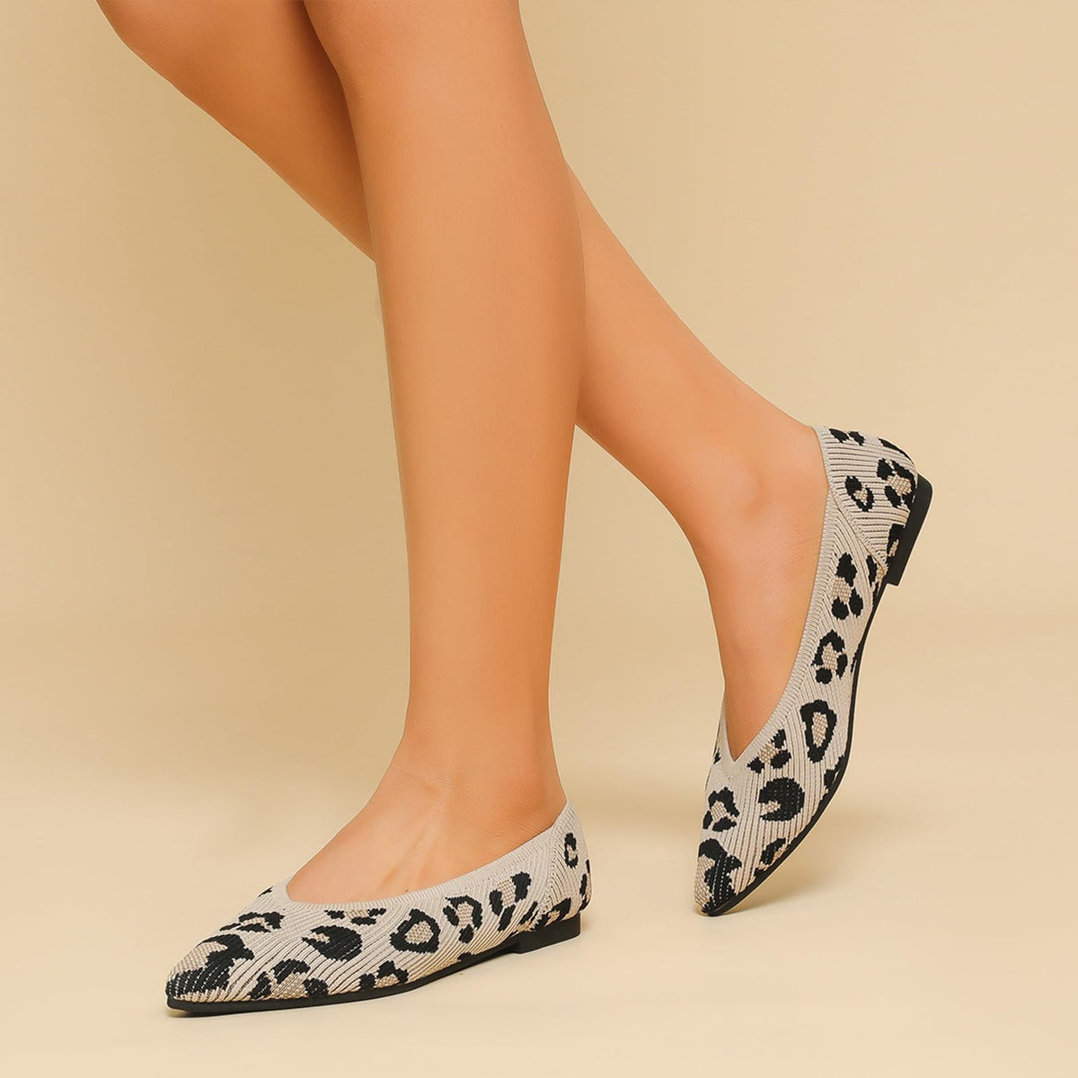 TINGRISE Women's Flats Shoes Pointed Toe Knit Ballet Comfortable Dressy Slip On Flat Leopard US7