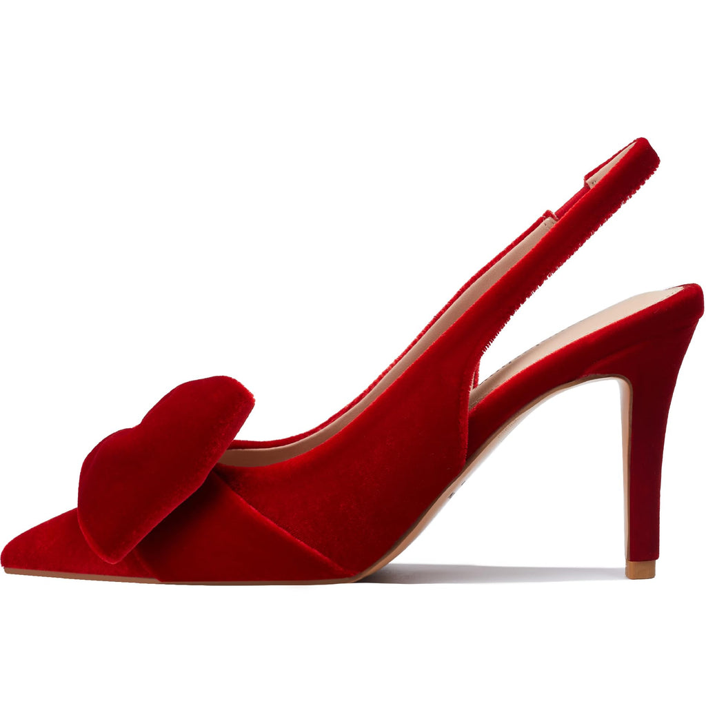 Manoloshow Velvet Elasticated Strap Bowknot Pumps with Slingback Autumn Office Comfy Pointy Toe Shoes for Women High 3.3 Inch Heels Red Size 7