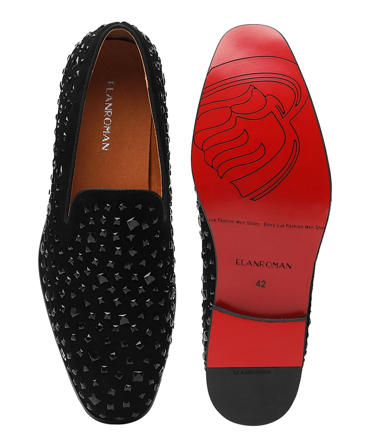 ELANROMAN Loafers Men Black Dress Fashion Tuxedo Rhinestones Slip-on Moccasins Wedding Shoes US 10