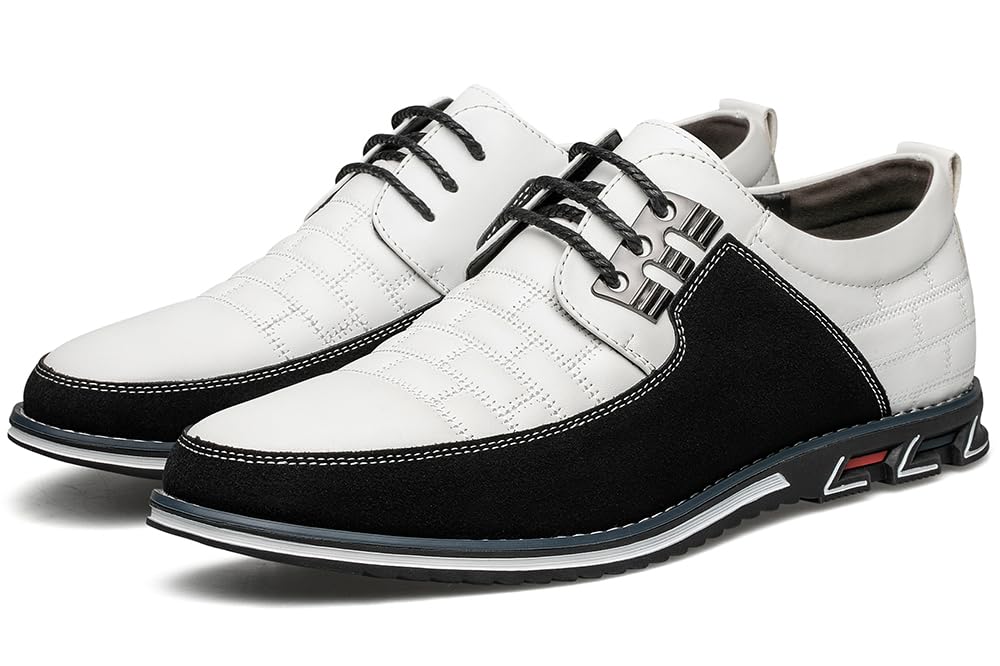 Men's Premium Leather Dress Shoes Comfort Business Casual Oxford Shoes Fashion Dress Sneakers Soft Loafers Derby Shoe for Office Working Driving Walking White, 9.5 US