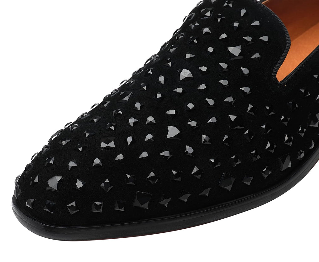 ELANROMAN Loafers Men Black Dress Fashion Tuxedo Rhinestones Slip-on Moccasins Wedding Shoes US 10