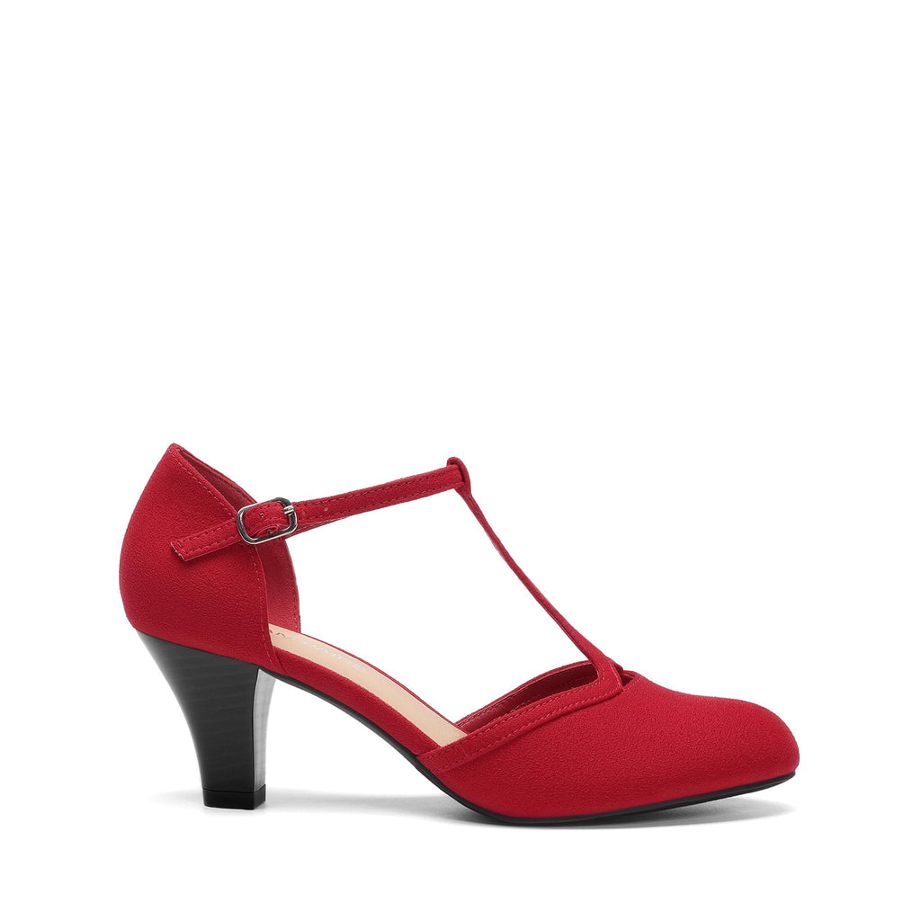 DREAM PAIRS Women's T-Strap Block Dress Heels Pumps,Red,8
