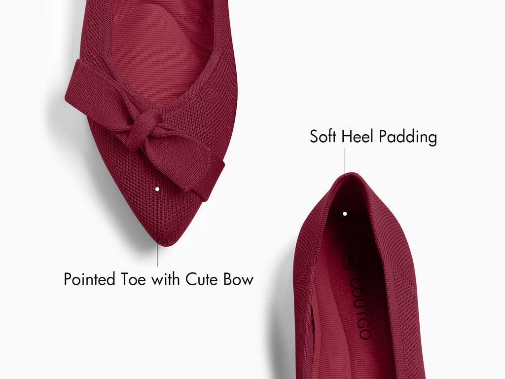 Coutgo Women's Pointed Toe Flats Comfortable Dressy Knit Bow Ballet Flats Slip On Work Casual Shoes, Burgundy, Size 8.5