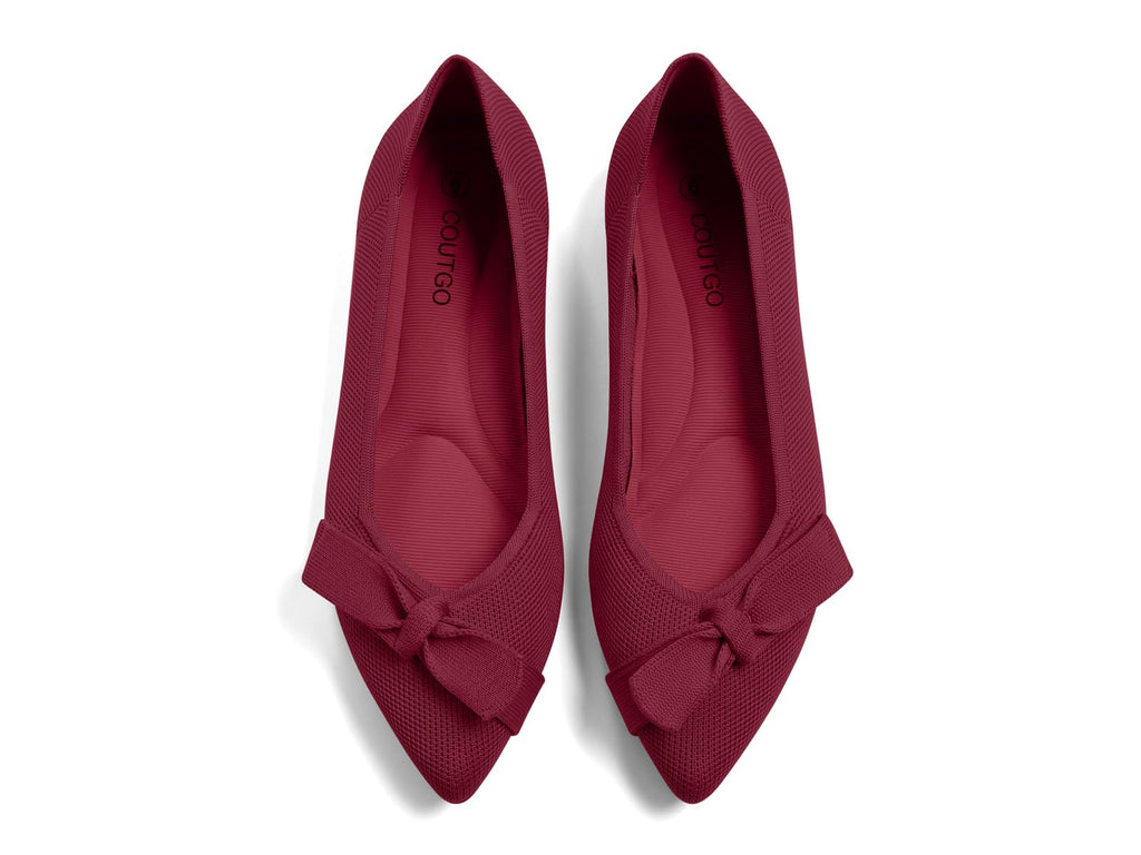 Coutgo Women's Pointed Toe Flats Comfortable Dressy Knit Bow Ballet Flats Slip On Work Casual Shoes, Burgundy, Size 8.5