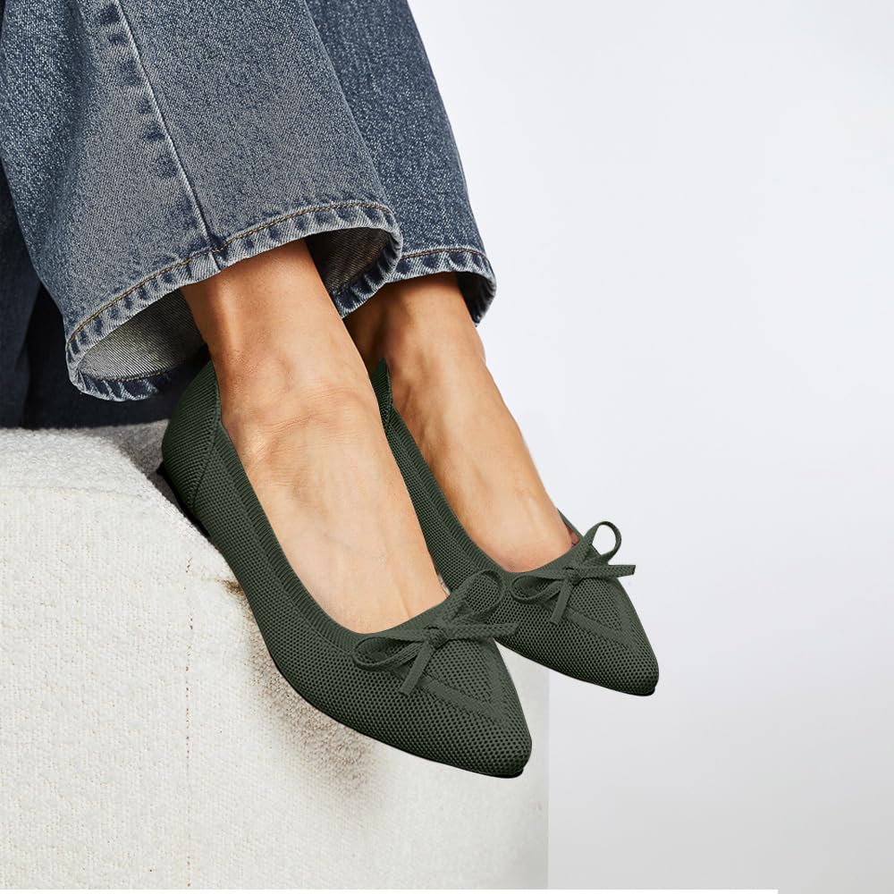 TINGRISE Women's Flats Pointed Toe Bow Knit Ballet Shoes Comfortable Dressy Mesh Slip On Flat Green US8