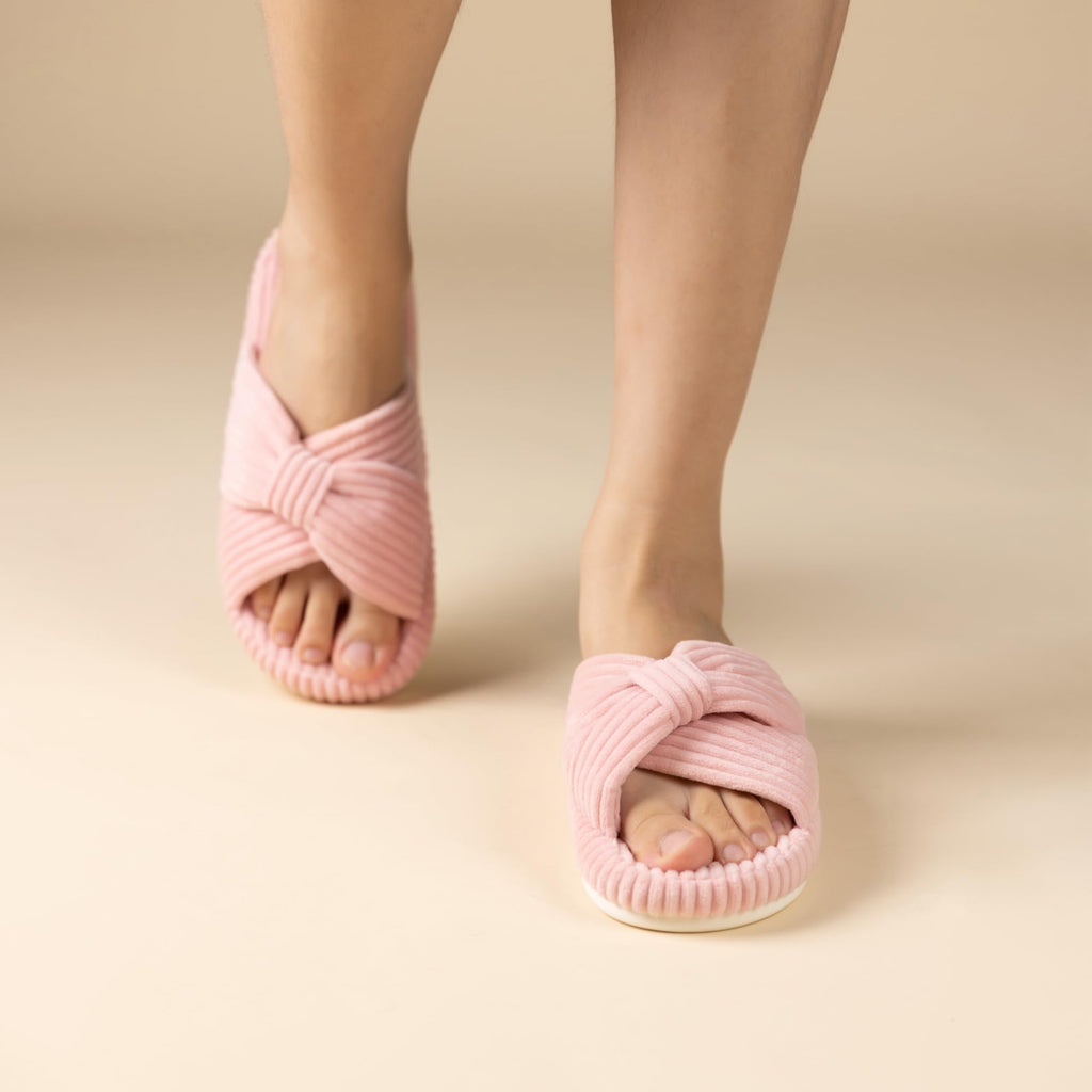 Chantomoo Slippers for Women Memory Foam House Bedroom Corduroy Bow Crossbands Slipper Shoes Comfy Trendy Gift Slippers Pink Size 7 8 6.5