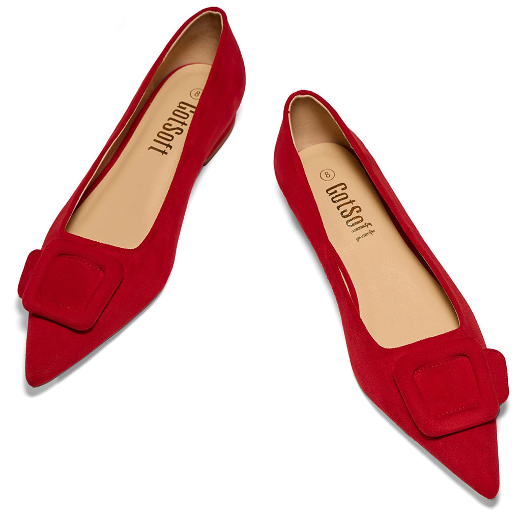 GotSoft Women's Lambskin Insole Square Buckle Flats Slip on Flat Shoes Red