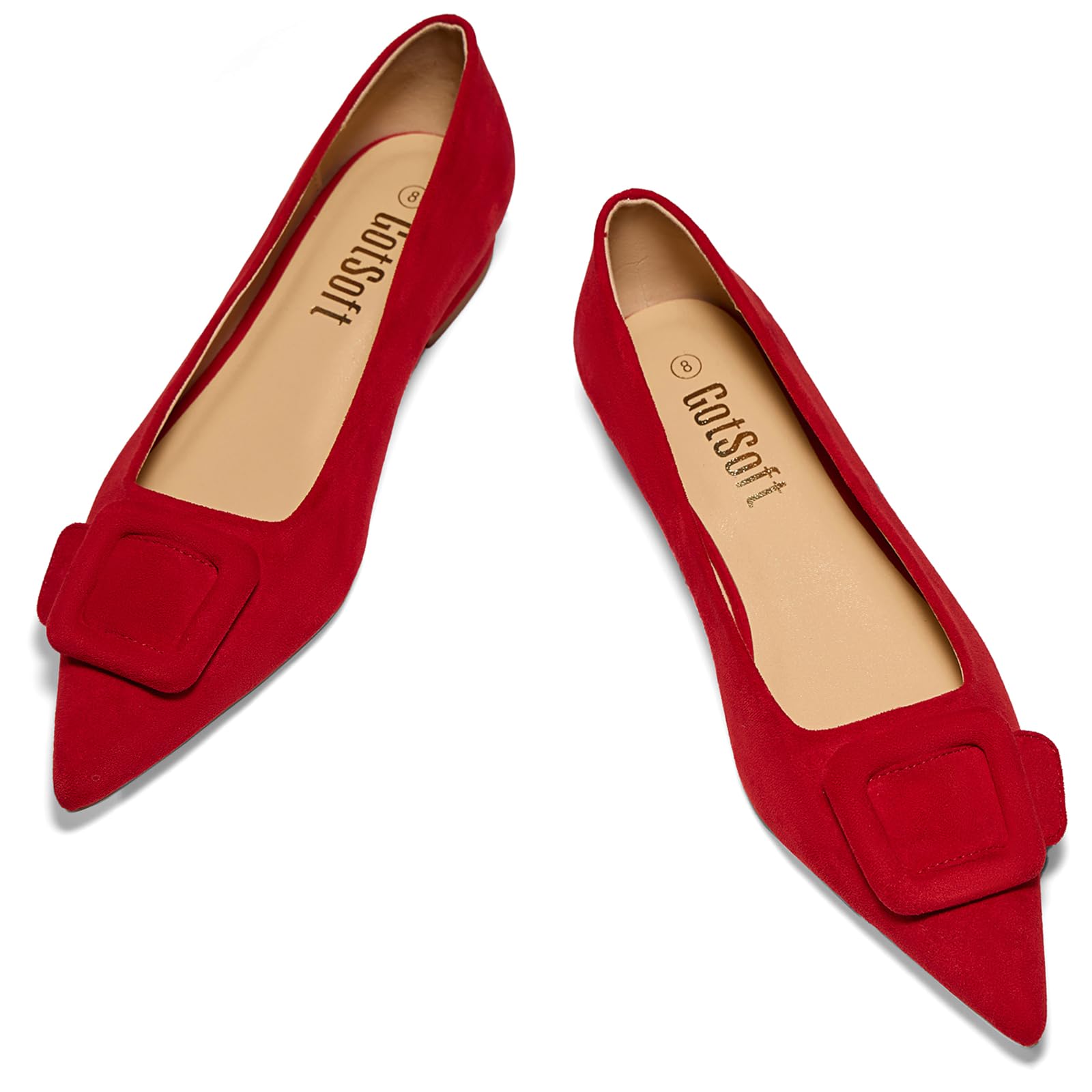 GotSoft Women's Lambskin Insole Square Buckle Flats Slip on Flat Shoes Red
