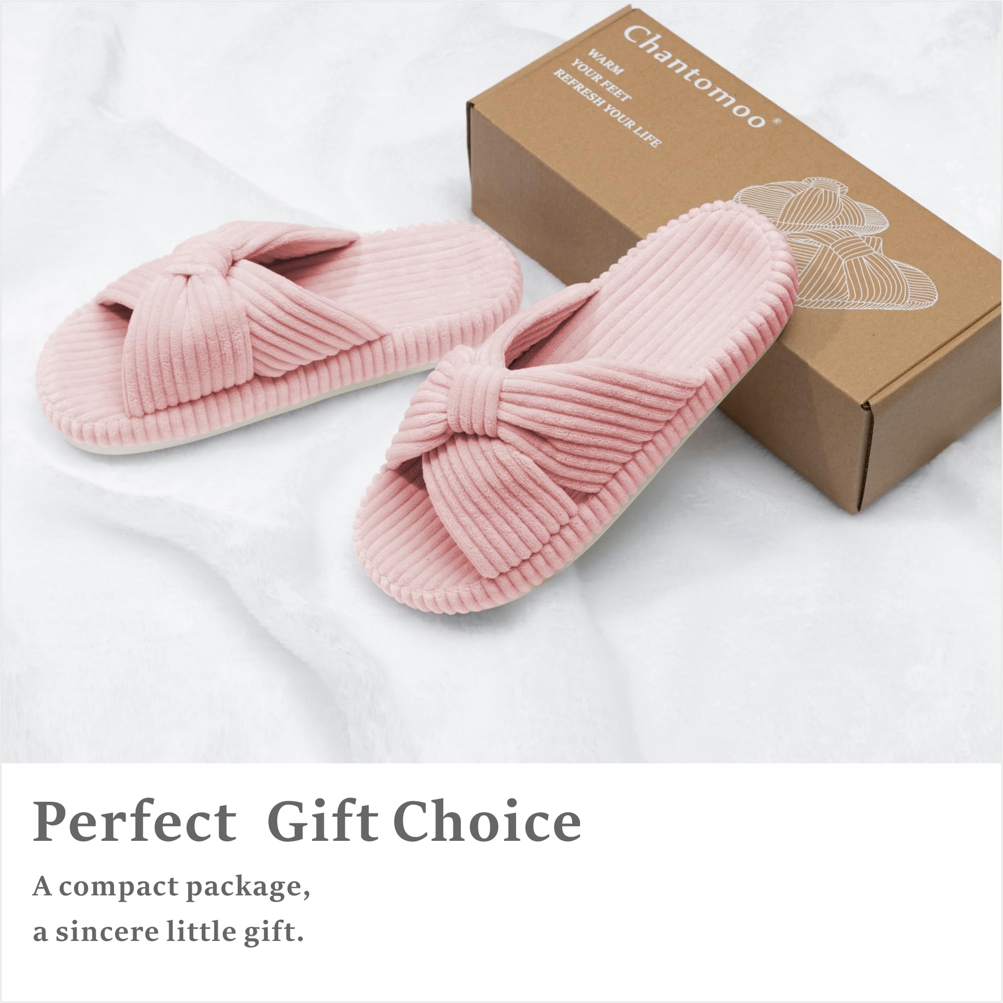 Chantomoo Slippers for Women Memory Foam House Bedroom Corduroy Bow Crossbands Slipper Shoes Comfy Trendy Gift Slippers Pink Size 7 8 6.5