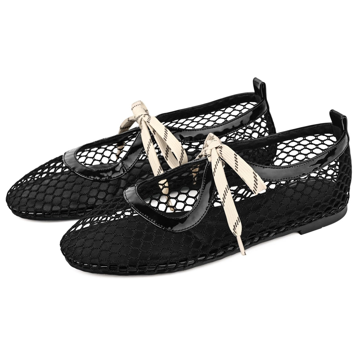 CHARMUST Lace Up Ballet Flats for Women Mary Jane Shoes,Black Mesh,5.5