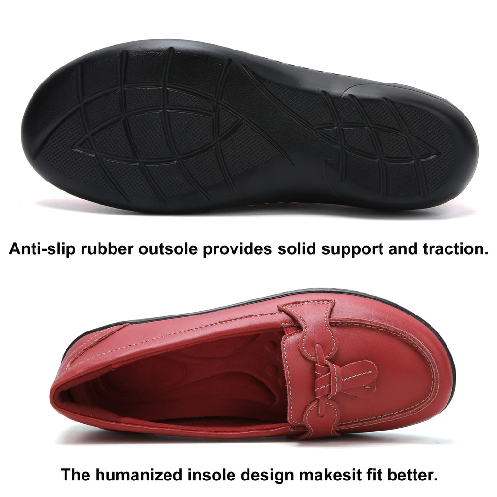 Maichal Slip On Loafers for Women Penny Loafers Classic Memory Foam Genuine Leather Dress Shoes Ladies Flat Casual Comfort Driving Walking Work Shoes RED US 9.5 Wide