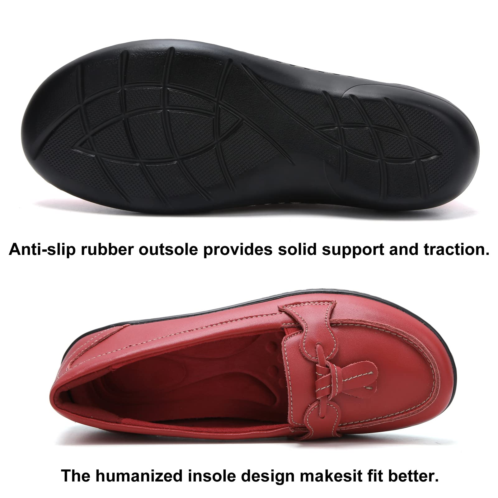 Maichal Slip On Loafers for Women Penny Loafers Classic Memory Foam Genuine Leather Dress Shoes Ladies Flat Casual Comfort Driving Walking Work Shoes RED US 9.5 Wide