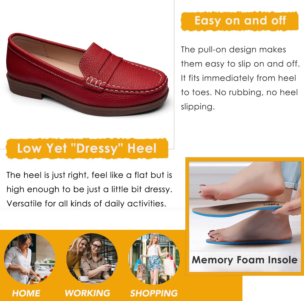 Freeberry Women's Comfortable Leather Penny Loafers Slip On Business Casual Dress Shoes Lightweight Office Work Flats Everyday Walking Shoes for Women, Red, 10.5 M US