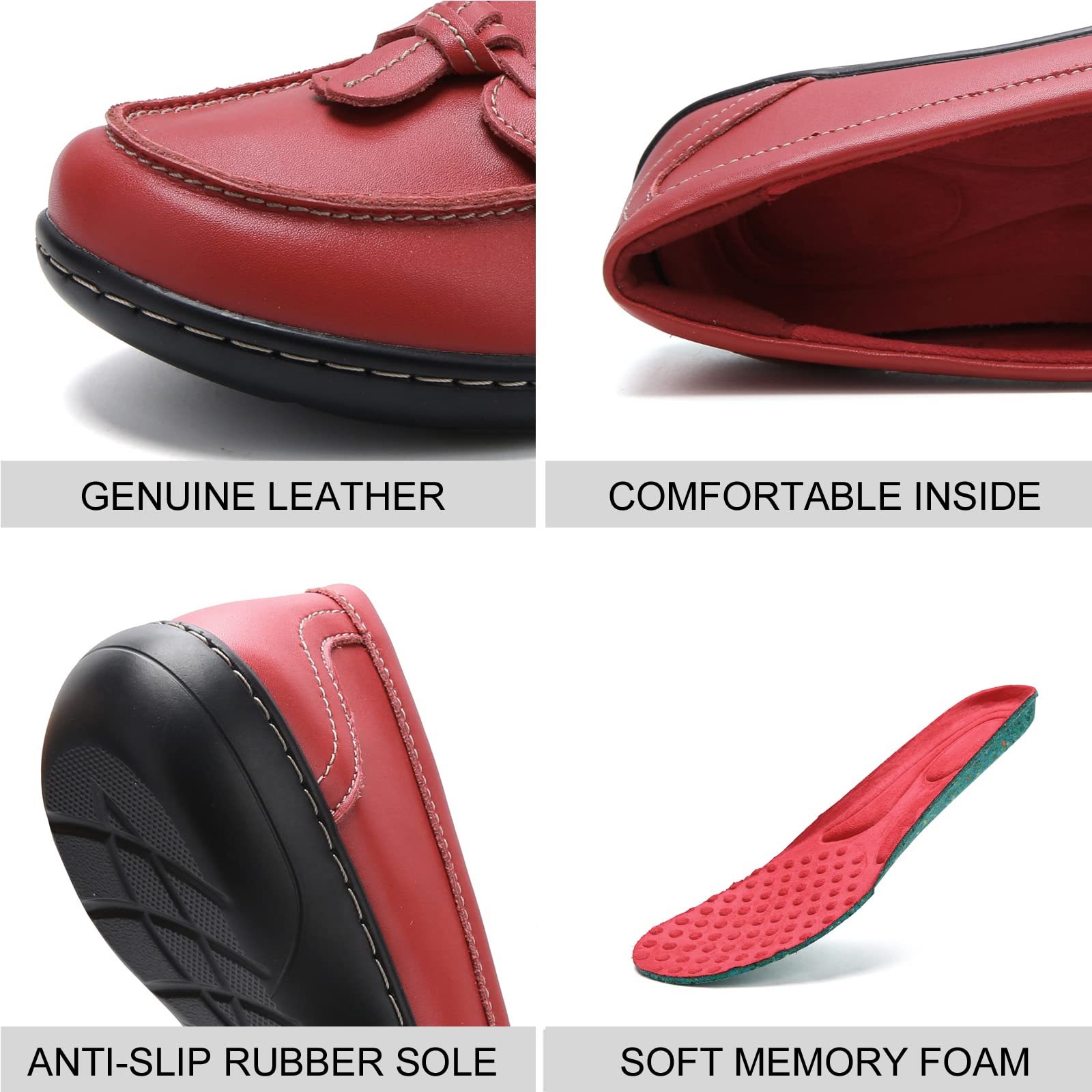 Maichal Slip On Loafers for Women Penny Loafers Classic Memory Foam Genuine Leather Dress Shoes Ladies Flat Casual Comfort Driving Walking Work Shoes RED US 9.5 Wide