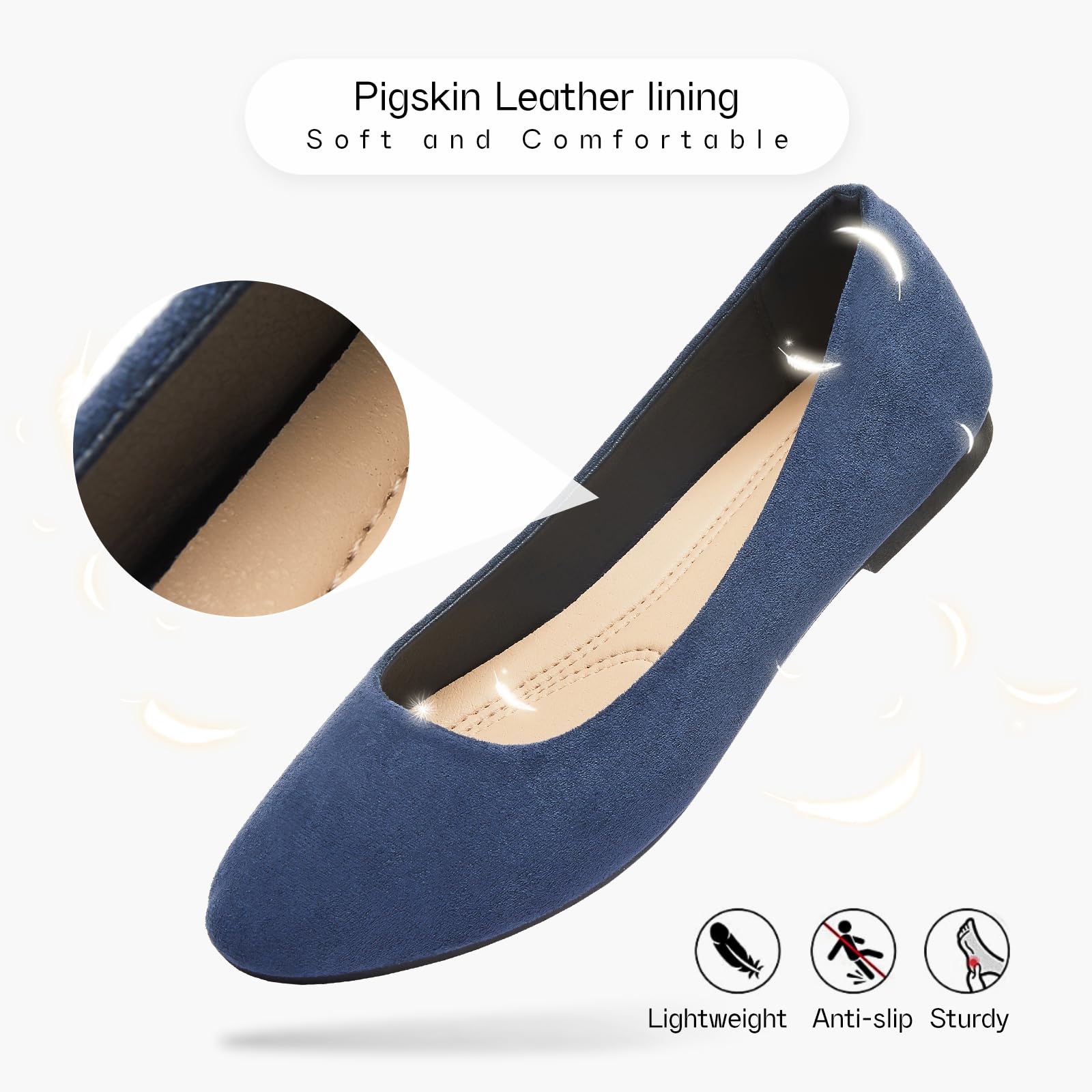 Shupua Flats for Women Round Toe Ballet Flats Work Shoes, Navy, Size 11