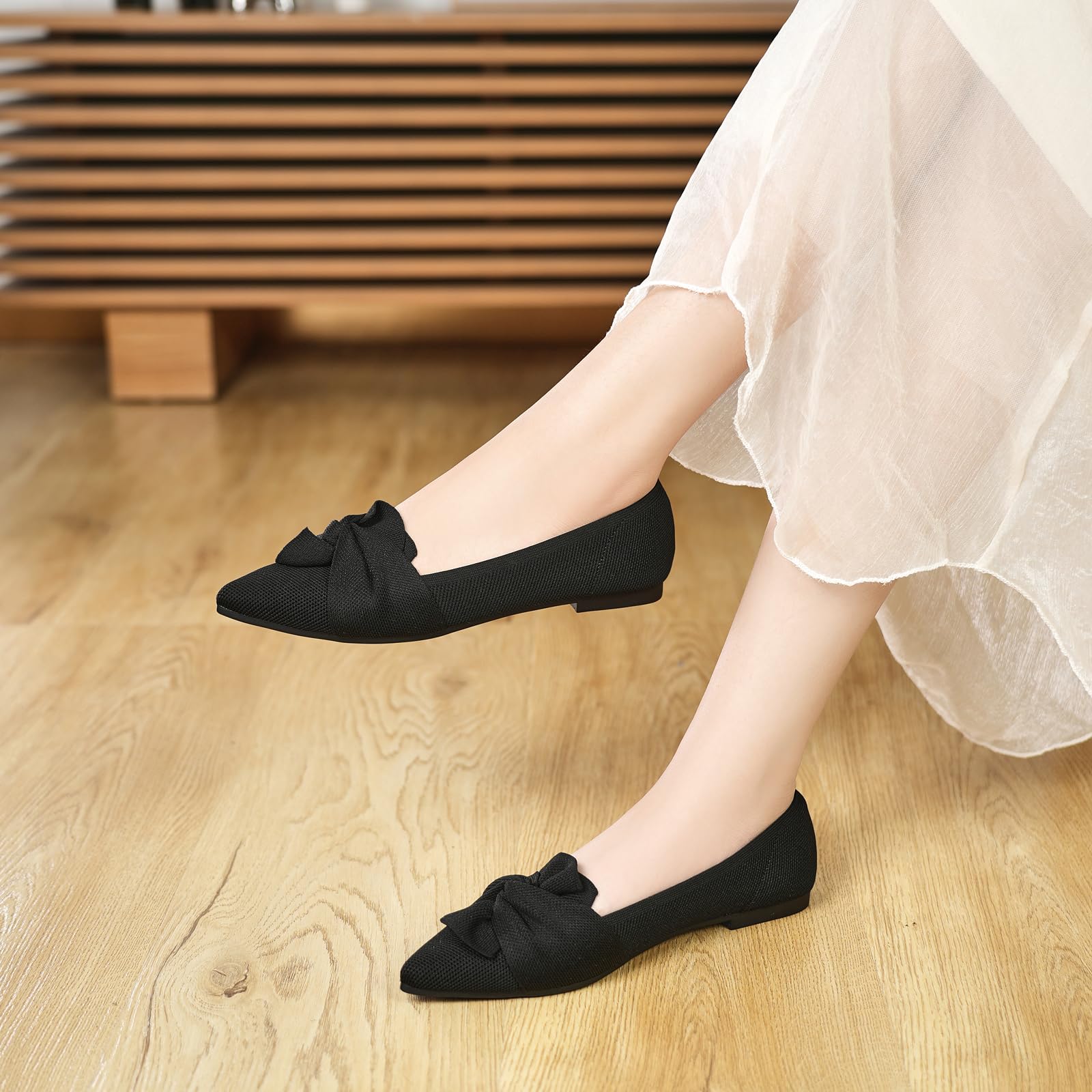 HIULYCENCE Women's Flats Shoes Pointed Toe Ballet Flats with Bow Comfortable Knit Dressy Flats Black US8.5