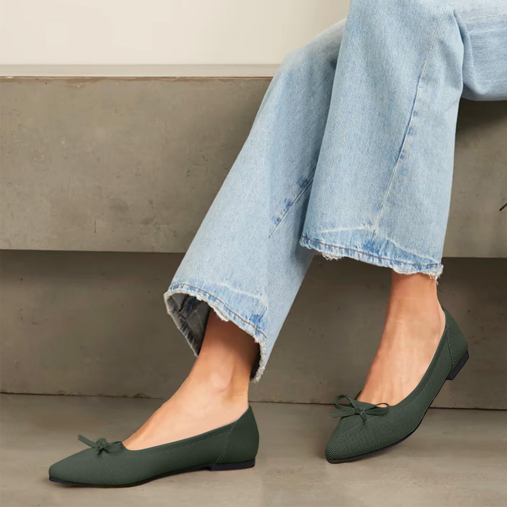 TINGRISE Women's Flats Pointed Toe Bow Knit Ballet Shoes Comfortable Dressy Mesh Slip On Flat Green US8