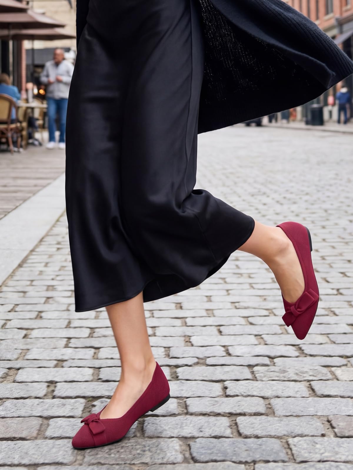 Coutgo Women's Pointed Toe Flats Comfortable Dressy Knit Bow Ballet Flats Slip On Work Casual Shoes, Burgundy, Size 8.5