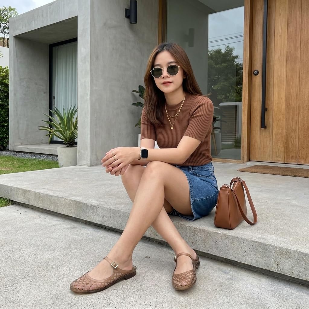 CUSHIONAIRE Java Casual Womens Jelly Flats with Adjustable Strap, Closed Toe Mary Janes Mule Design, Waterproof Jelly Sandals for Women, Mocha 8