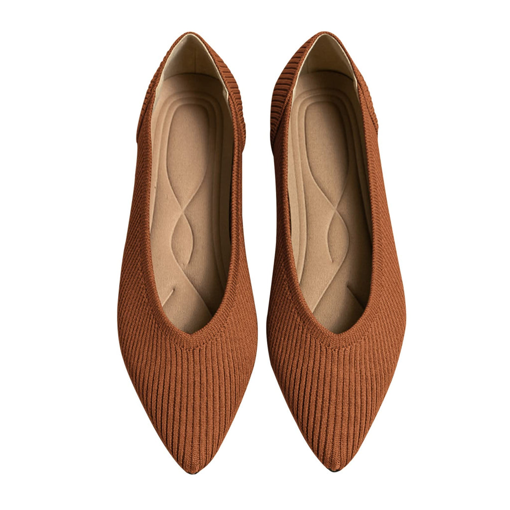 TINGRISE Women's Flats Shoes Pointed Toe Knit Ballet Comfortable Dressy Slip On Flat Brown US8