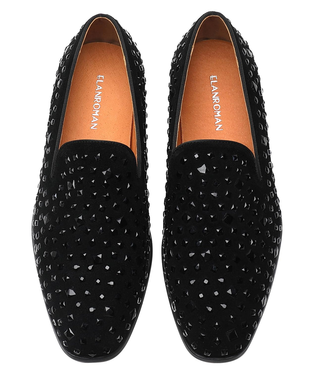 ELANROMAN Loafers Men Black Dress Fashion Tuxedo Rhinestones Slip-on Moccasins Wedding Shoes US 10