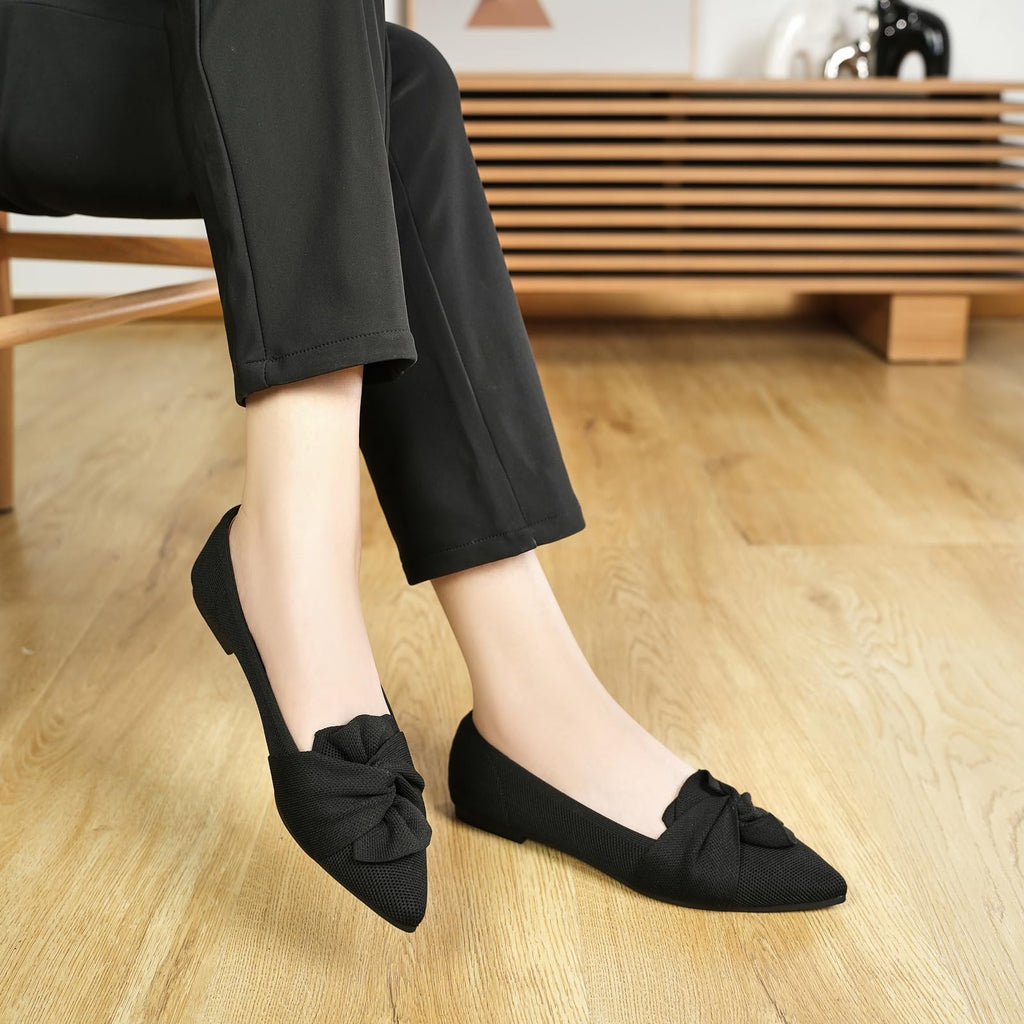 HIULYCENCE Women's Flats Shoes Pointed Toe Ballet Flats with Bow Comfortable Knit Dressy Flats Black US8.5