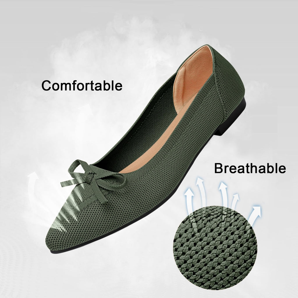 TINGRISE Women's Flats Pointed Toe Bow Knit Ballet Shoes Comfortable Dressy Mesh Slip On Flat Green US8