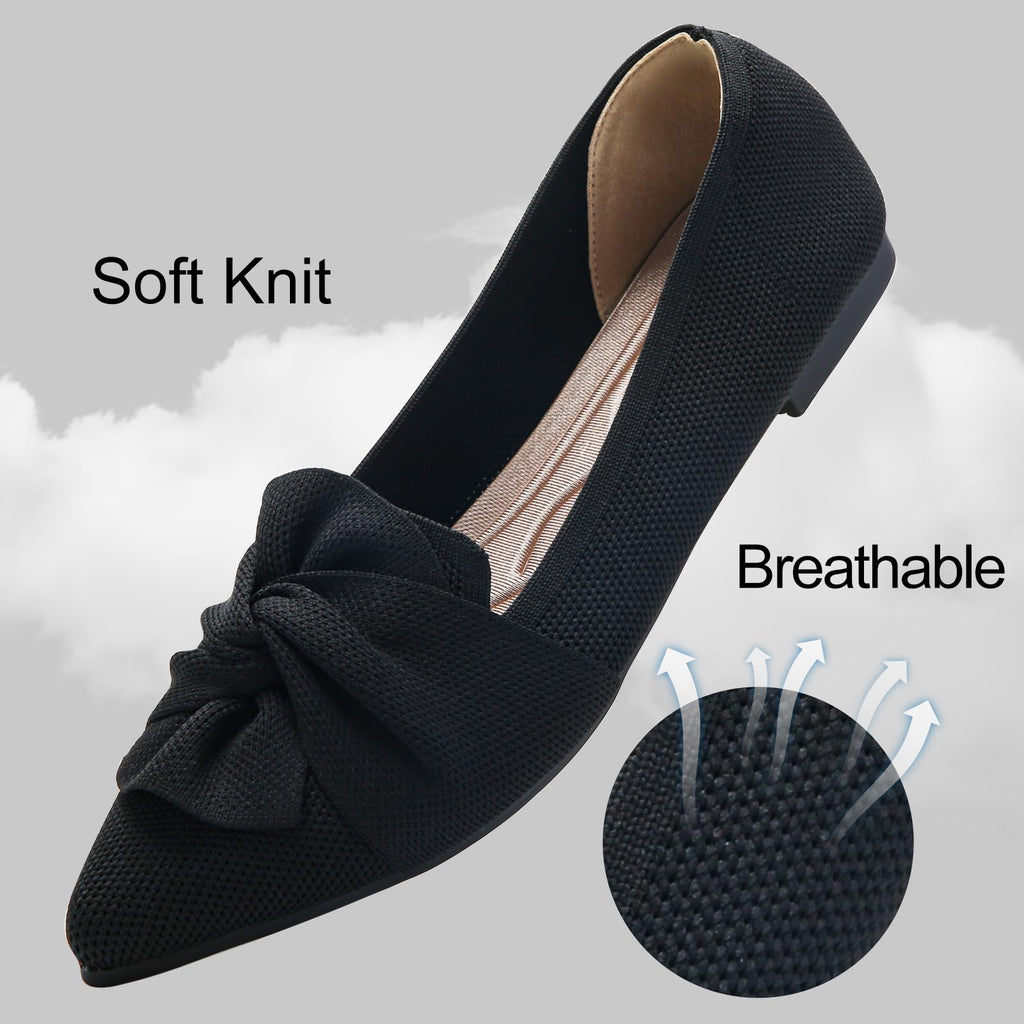 HIULYCENCE Women's Flats Shoes Pointed Toe Ballet Flats with Bow Comfortable Knit Dressy Flats Black US8.5