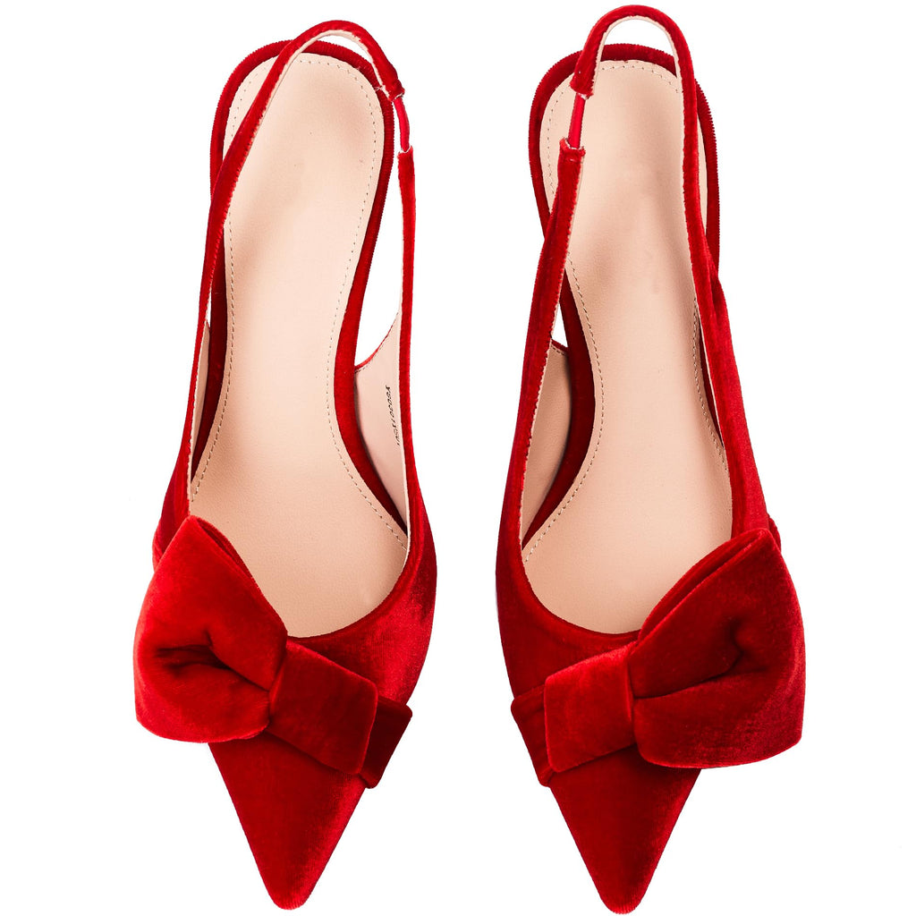 Manoloshow Velvet Elasticated Strap Bowknot Pumps with Slingback Autumn Office Comfy Pointy Toe Shoes for Women High 3.3 Inch Heels Red Size 7