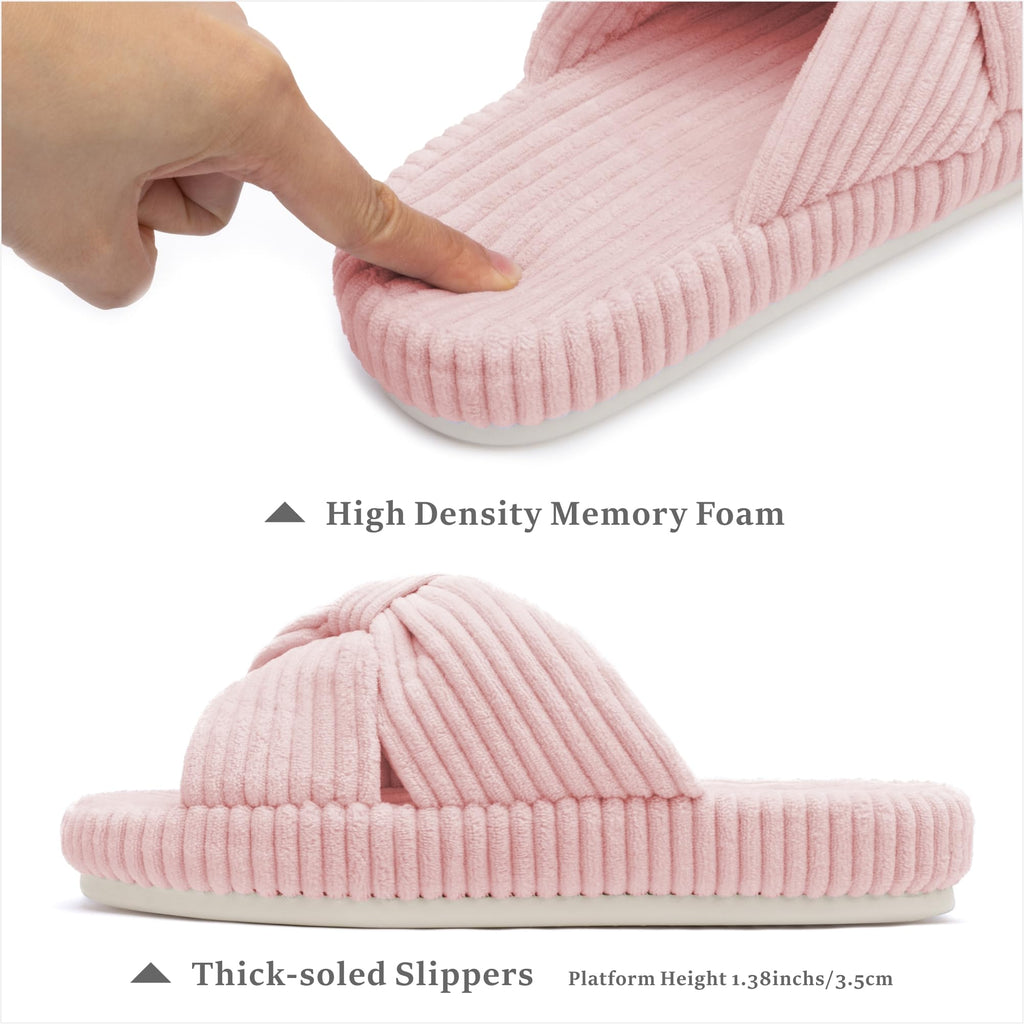Chantomoo Slippers for Women Memory Foam House Bedroom Corduroy Bow Crossbands Slipper Shoes Comfy Trendy Gift Slippers Pink Size 7 8 6.5