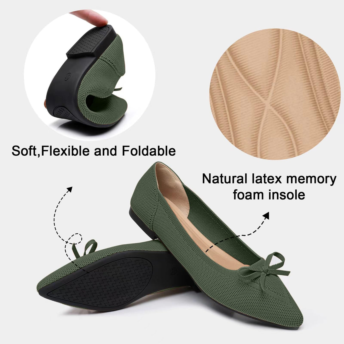 TINGRISE Women's Flats Pointed Toe Bow Knit Ballet Shoes Comfortable Dressy Mesh Slip On Flat Green US8