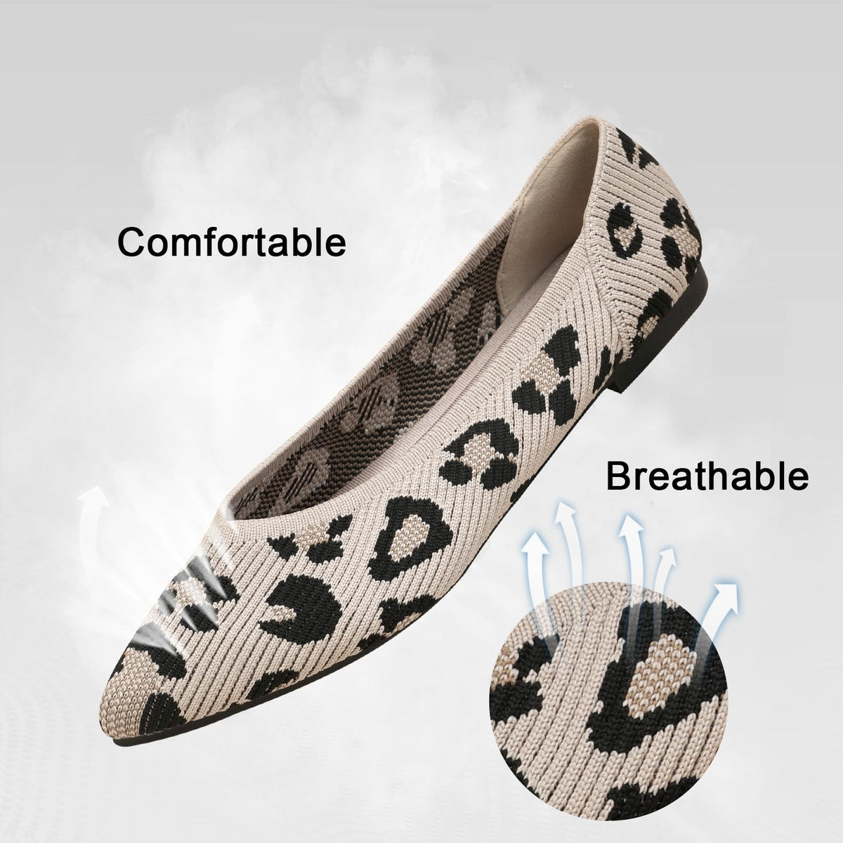 TINGRISE Women's Flats Shoes Pointed Toe Knit Ballet Comfortable Dressy Slip On Flat Leopard US7