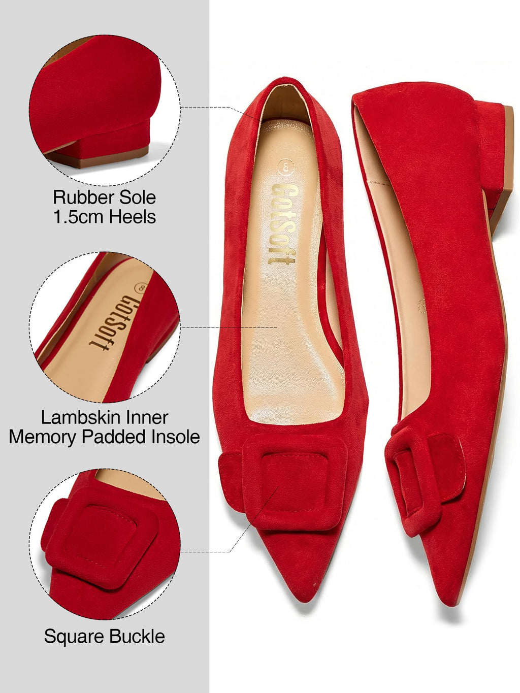 GotSoft Women's Lambskin Insole Square Buckle Flats Slip on Flat Shoes Red
