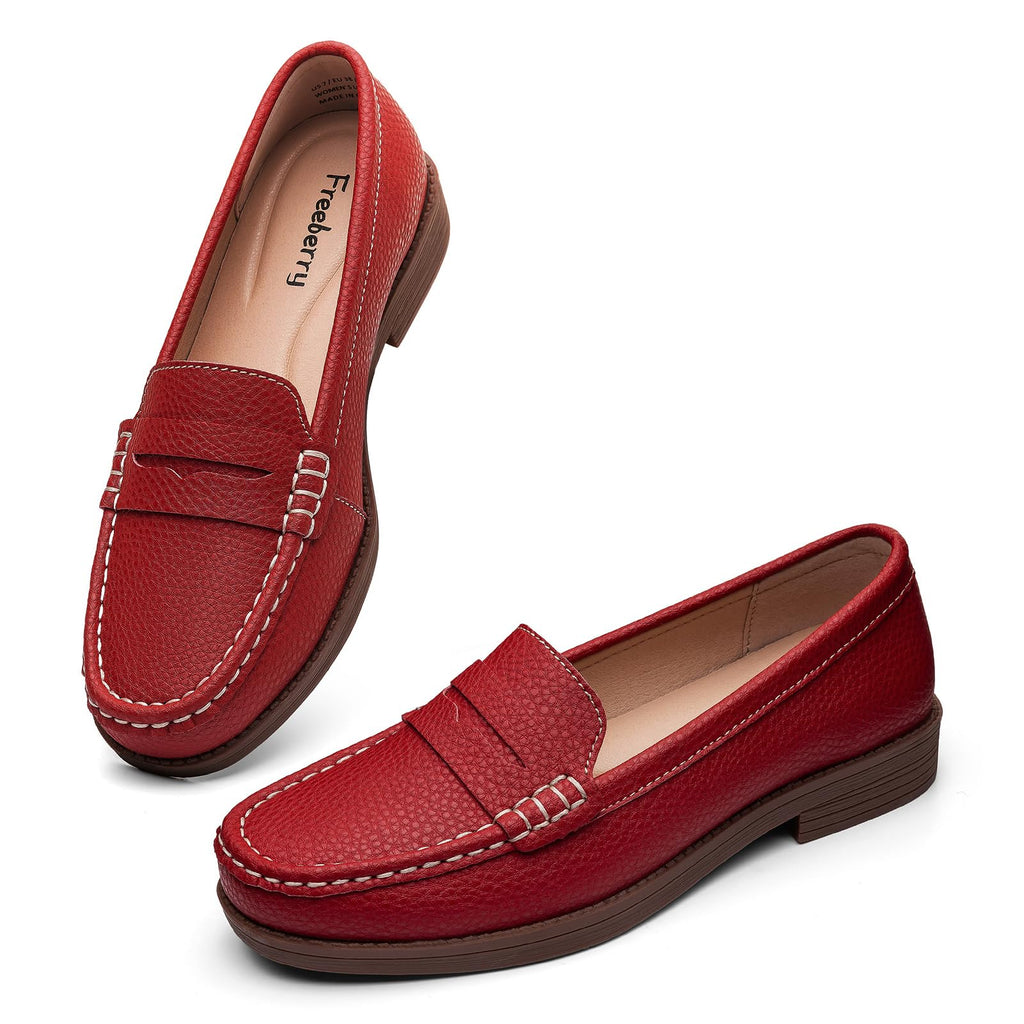 Freeberry Women's Comfortable Leather Penny Loafers Slip On Business Casual Dress Shoes Lightweight Office Work Flats Everyday Walking Shoes for Women, Red, 8 M US