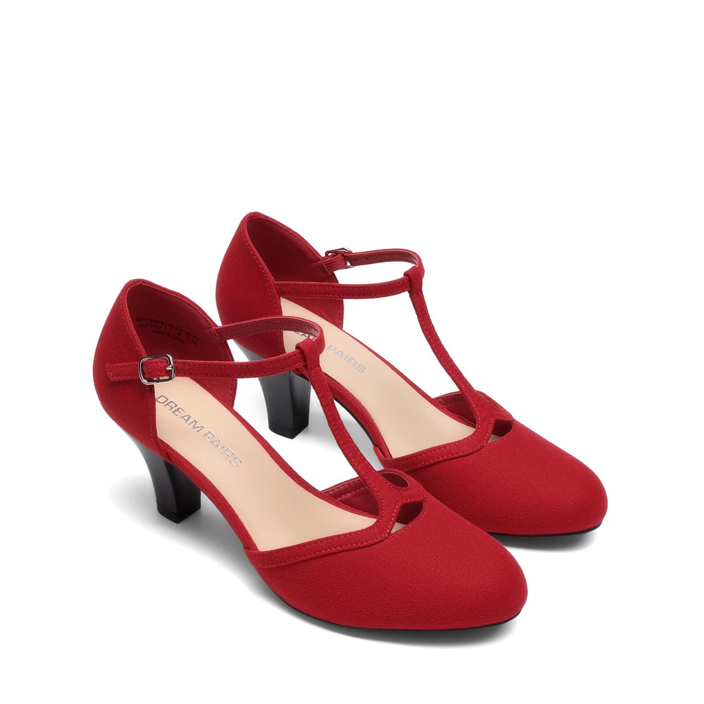 DREAM PAIRS Women's T-Strap Block Dress Heels Pumps,Red,8