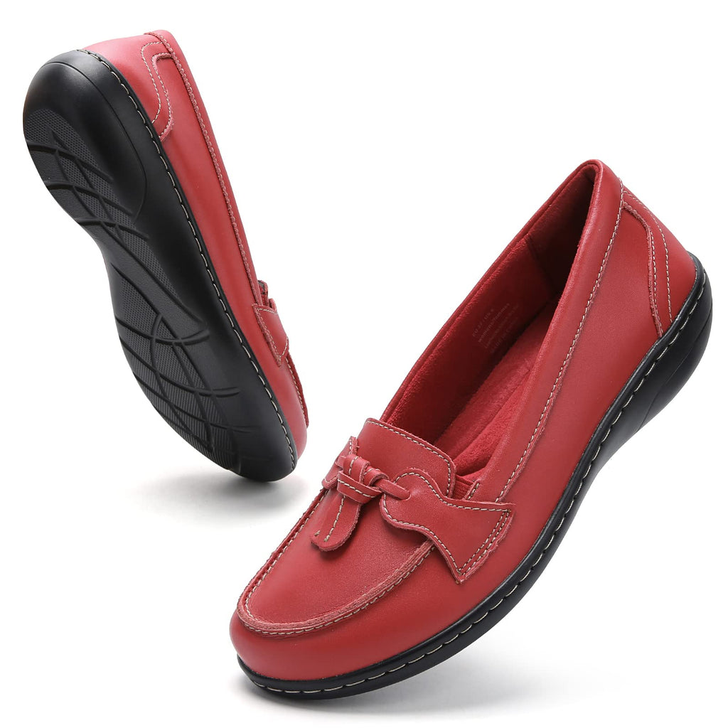 Maichal Slip On Loafers for Women Penny Loafers Classic Memory Foam Genuine Leather Dress Shoes Ladies Flat Casual Comfort Driving Walking Work Shoes RED US 9.5 Wide