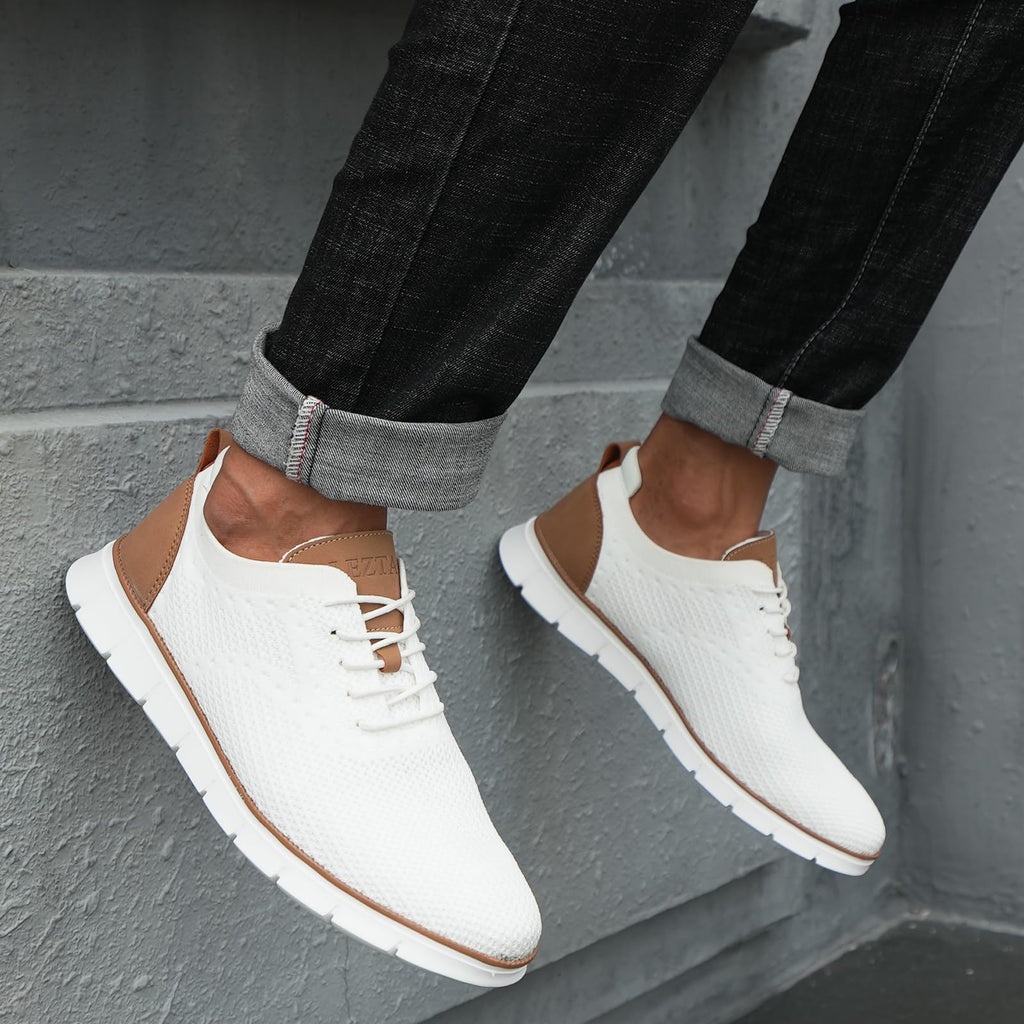 Men's Casual Dress Oxfords Sneakers Business Mesh Breathable Lightweight Walking Shoes Tennis Comfortable Fashion Office White EU43