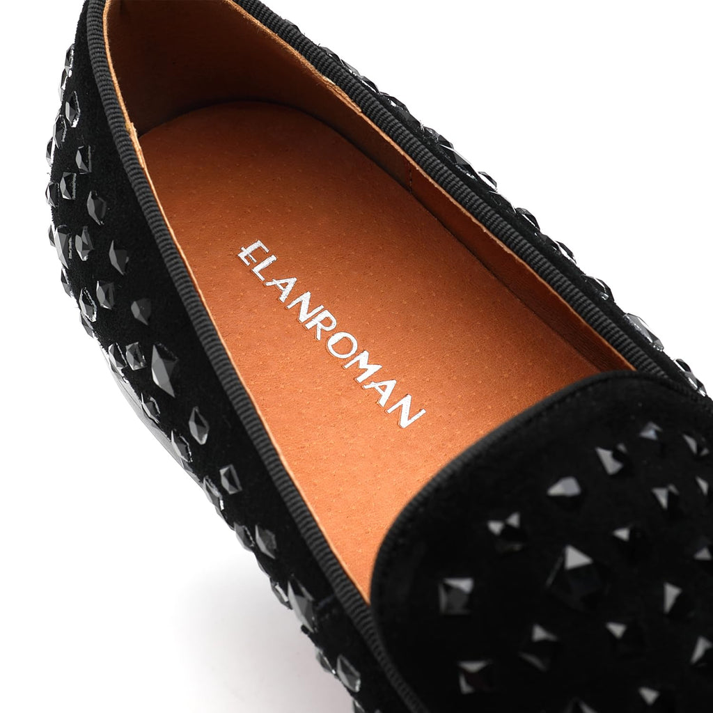ELANROMAN Loafers Men Black Dress Fashion Tuxedo Rhinestones Slip-on Moccasins Wedding Shoes US 10